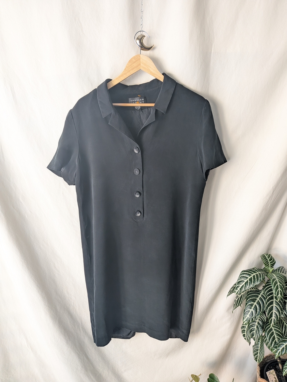 Spencer Jeremy 100% Silk Black Midi Shirt Dress